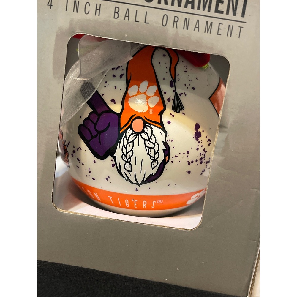 Clemson Tigers NCAA 4 Inch Ceramic Ball Ornament‎ Gnomes Orange Purple White
